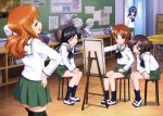  5girls absurdres ahoge akiyama_yukari black_eyes black_hair brown_eyes brown_hair classroom closed_eyes collarbone crossed_legs eyebrows eyebrows_visible_through_hair girls_und_panzer green_skirt hairband hand_in_hair hand_on_hip highres indoors isuzu_hana itou_takeshi long_hair multiple_girls nishizumi_miho official_art orange_hair pleated_skirt reizei_mako school_uniform serafuku shirt short_hair sitting skirt socks takebe_saori thigh-highs white_hairband white_shirt zettai_ryouiki 