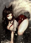  1girl ahri all_fours alternate_costume animal_ears bangs breasts brown_eyes brown_hair buttons choker cleaning cleaning_rag cleavage closed_mouth duto fox_ears fox_tail highres large_breasts league_of_legends lips lipstick long_hair looking_at_viewer makeup miniskirt multiple_tails pencil_skirt red_lips red_lipstick red_skirt shirt short_sleeves side_slit skirt smile solo tail water_drop wet wet_clothes 