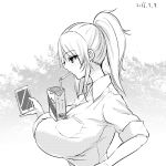  1girl blush breasts cellphone dated drinking drinking_straw high_ponytail huge_breasts juice_box long_hair original otogi_(s_in_w) phone ponytail sleeves_folded_up smartphone solo 