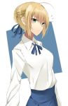  /\/\/\ 1girl ahoge blonde_hair blue_ribbon blue_skirt blush closed_mouth commentary_request fate/stay_night fate_(series) green_eyes hair_ribbon highres long_sleeves looking_at_viewer neck_ribbon onineko-chan ribbon saber shirt short_hair skirt solo upper_body white_shirt 