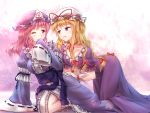  2girls :d ;) all_fours arm_garter arm_support bare_legs blonde_hair blue_dress blue_hat blush bow breasts closed_mouth collarbone dress eye_contact frilled_dress frilled_shirt_collar frilled_sleeves frills hair_bow hand_on_another&#039;s_hip hand_to_own_mouth hands_in_sleeves hat hat_ornament hat_ribbon head_tilt juliet_sleeves long_hair long_sleeves looking_at_another looking_back low-tied_long_hair medium_breasts minust mob_cap multiple_girls one_eye_closed open_mouth puffy_short_sleeves puffy_sleeves purple_dress red_bow ribbon ribbon-trimmed_collar ribbon-trimmed_sleeves ribbon_trim saigyouji_yuyuko short_sleeves smile touhou triangular_headpiece very_long_hair wavy_hair white_hat wide_sleeves yakumo_yukari yuri 