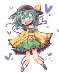  1girl blush bow frills full_body green_eyes green_hair hat hat_bow heart heart_in_mouth heart_of_string komeiji_koishi long_sleeves muuba open_mouth pigeon-toed short_hair solo touhou white_background wide_sleeves 
