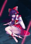  1girl barefoot black_hair blood blue_eyes bow detached_sleeves hair_bow hakurei_reimu japanese_clothes lace-trimmed_sleeves long_hair miko panties red_bow scissors solo tears touhou underwear white_panties zzh100200 