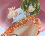  1girl ascot blue_sky breasts collared_shirt day fingernails from_below green_eyes green_hair hair_between_eyes half-closed_eyes hand_on_own_knee kazami_yuuka large_breasts legs lips looking_at_viewer looking_down mayoln orange_skirt out-of-frame_censoring parasol plaid plaid_skirt shiny shiny_hair shirt short_sleeves skirt sky smile solo thighs touhou umbrella upskirt vest_removed white_shirt 