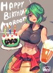  1girl abs bare_shoulders borrowed_character breasts brown_background cake candle food green_hair hair_over_one_eye happy_birthday highres hips lamia large_breasts monster_girl navel ryuji_(red-truth) signature solo violet_eyes 