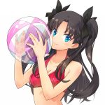  1girl ball beachball bikini bikini_top black_hair blue_eyes breasts cleavage cute fate/stay_night fate_(series) hair_ribbon holding_object long_hair looking_at_viewer medium_breasts midriff red_bikini ribbon simple_background solo swimsuit toosaka_rin twintails upper_body yaeko 