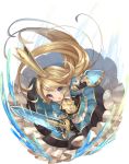  &gt;:o 1girl :o blonde_hair blue_dress blue_eyes blush breastplate buckler charlotta_(granblue_fantasy) collared_dress crown dress eyebrows eyebrows_visible_through_hair eyes_visible_through_hair frilled_dress frills full_body gauntlets granblue_fantasy harbin highres holding holding_sword holding_weapon long_hair open_mouth pointy_ears puffy_short_sleeves puffy_sleeves shield short_sleeves simple_background solo sword usamata water weapon white_background 