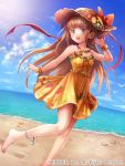  1girl anklet bare_shoulders barefoot beach blue_eyes brown_hair dress hair_ribbon hat jewelry long_hair necklace nishizawa ocean ribbon sky smile solo straw_hat wrist_cuffs 