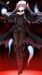  1girl bird black_bodysuit black_cape black_clothes black_legwear bodysuit breasts cape cleavage covered_navel eagle essex_(zhan_jian_shao_nyu) feathers floating floating_hair full_body glowing glowing_eyes hair_ornament highres hitodama jewelry lanse_dai_mao long_hair pantyhose red_eyes ring shinkaisei-kan skull solo thighband_pantyhose two_side_up white_hair zhan_jian_shao_nyu 