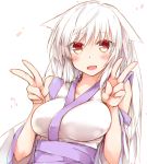  1girl blush detached_sleeves double_v fingernails japanese_clothes long_fingernails long_hair looking_at_viewer open_mouth original petals red_eyes rinrin_(927413) simple_background smile solo upper_body v white_background white_hair 