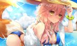  1girl animal_ears bad_id bad_pixiv_id bikini blue_bikini blush breasts cleavage fate/extra fate/grand_order fate_(series) fox_ears fox_tail hat highres ichinosenen jewelry large_breasts looking_at_viewer necklace ocean pink_hair solo sweat swimsuit tail tamamo_(fate)_(all) tamamo_no_mae_(swimsuit_lancer)_(fate) water yellow_eyes 