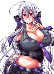  1girl absurdres ahoge bare_shoulders breasts cleavage commentary_request highres huge_breasts long_hair looking_at_viewer midriff misakana navel necktie red_eyes ribbon silver_hair smile solo stomach very_long_hair vocaloid voyakiloid yowane_haku 