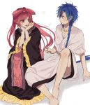  1boy 1girl :p aladdin_(magi) barefoot blue_eyes blue_hair blush braid humiyooo long_hair looking_at_another magi_the_labyrinth_of_magic older pink_eyes pink_hair ren_kougyoku sitting tongue tongue_out 