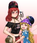  2girls american_flag_shirt black_shirt blonde_hair blush breasts chain cleavage closed_mouth clownpiece collar commentary_request crop_top earth_(ornament) fairy_wings hat hecatia_lapislazuli jester_cap large_breasts long_hair looking_at_viewer midriff moon_(ornament) multicolored_skirt multiple_girls navel neck_ruff off-shoulder_shirt one_eye_closed open_mouth polka_dot polos_crown red_eyes redhead shirt short_sleeves shundou_heishirou simple_background skirt smile star striped sweatdrop t-shirt teeth touhou translation_request very_long_hair wings 