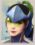  1girl armor artist_name bow brown_hair closed_mouth cyborg earrings eyelashes face forehead_protector genderswap genderswap_(mtf) genji_(overwatch) green_hair hair_bow heart helmet jewelry katana lips lipstick long_hair makeup multicolored_hair overwatch pink_lips pink_lipstick ponytail smile solo spoken_heart stud_earrings superschool48 sword turtleneck two-tone_hair visor weapon weapon_on_back 