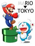  &gt;_&lt; 2016_summer_olympics 2boys :d arm_up ball bell blue_eyes brazilian_flag brown_hair clenched_hand closed_eyes collar crossover doraemon doraemon_(character) facial_hair flag gloves hat japanese_flag jingle_bell mario super_mario_bros. multiple_boys mustache olympics open_mouth outstretched_arm overalls pouch riko_(sorube) shoes smile super_mario_bros. warp_pipe white_gloves 