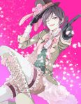  1boy black_gloves black_hair boots coa_0613 cross-laced_footwear earrings finger_gun gloves hat highres jewelry lace-up_boots legwear_under_shorts male_focus one_eye_closed open_mouth pantyhose petals shorts smile top_hat touken_ranbu violet_eyes white_legwear yagen_toushirou 