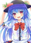  1girl :d arms_up black_hat blue_hair blush bow bowtie buttons commentary_request dress_shirt food frills fruit hat hinanawi_tenshi hym9594 leaf long_hair looking_at_viewer open_mouth peach puffy_short_sleeves puffy_sleeves red_bow red_bowtie red_eyes shirt short_sleeves smile solo touhou upper_body very_long_hair white_background white_shirt 
