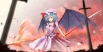  1girl :o bat_wings blue_hair blurry brooch commentary_request cowboy_shot depth_of_field dual_wielding hat hat_ribbon highres jewelry looking_at_viewer mob_cap pink_shirt pink_skirt planted_sword planted_weapon polearm puffy_short_sleeves puffy_sleeves red_eyes red_ribbon remilia_scarlet ribbon shirt short_hair short_sleeves sinkai skirt skirt_set solo spear spear_the_gungnir sword touhou weapon wings 