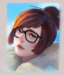  1girl artist_name black-framed_eyewear brown_eyes brown_hair closed_mouth coat face freckles fur-lined_jacket fur_coat fur_trim glasses hair_bun hair_ornament hair_stick lips lipstick looking_at_viewer makeup mei_(overwatch) overwatch parka pink_lips pink_lipstick sad_smile short_hair solo superschool48 tearing_up winter_clothes winter_coat 