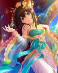  1girl alternate_hairstyle black_hair blue_eyes chinese_clothes dress earrings hair_ornament hair_stick hanfu idolmaster idolmaster_cinderella_girls jewelry leaf necklace official_art sagisawa_fumika solo sparkle strapless strapless_dress tree 