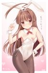  1girl animal_ears bare_shoulders bow bowtie breasts brown_eyes brown_hair bunnysuit cleavage detached_collar fake_animal_ears highres kantai_collection kuma_(kantai_collection) leotard long_hair masayo_(gin_no_ame) pantyhose rabbit_ears solo translated wrist_cuffs 