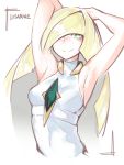  1girl armpits arms_up bare_arms blonde_hair breasts character_name closed_mouth deel_(rkeg) dress hair_over_one_eye highres long_hair looking_at_viewer lusamine_(pokemon) pokemon pokemon_(game) pokemon_sm simple_background sketch sleeveless smile solo upper_body 