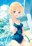  1girl :d absurdres blonde_hair blue_eyes breasts chain-link_fence cleavage covered_navel cowboy_shot dutch_angle fence highres hiten_goane_ryu hose medium_breasts new_school_swimsuit open_mouth original outdoors scan short_hair smile solo water wet 