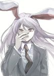  1girl animal_ears bangs blazer collared_shirt grin hand_on_own_face highres jacket long_hair long_sleeves looking_at_viewer necktie nurupo_(abooon) rabbit_ears red_eyes red_necktie reisen_udongein_inaba shirt simple_background slit_pupils smile solo touhou upper_body white_background white_shirt wind 