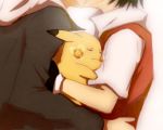  2boys kiss male_focus multiple_boys ookido_green pikachu pokemon pokemon_(creature) red_(pokemon) yaoi yotsuiko 
