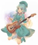  1girl alternate_hairstyle blue_hair blush boots dress eyebrows eyebrows_visible_through_hair green_boots guitar hair_bobbles hair_ornament hat instrument kawashiro_nitori long_hair looking_at_viewer low-tied_long_hair low_twintails open_mouth pocket retota rubber_boots shirt short_hair short_sleeves skirt skirt_set smile solo touhou twintails 