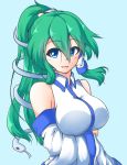  1girl blue_eyes breast_hold breasts detached_sleeves frog_hair_ornament green_hair hair_ornament hair_tubes highres kochiya_sanae large_breasts long_hair nintoku open_mouth ponytail smile snake_hair_ornament solo touhou wide_sleeves 