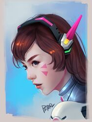  1girl asian bangs black_eyes blue_background bodysuit brown_hair d.va_(overwatch) eyebrows eyelashes facepaint facial_mark headphones lipstick long_hair looking_to_the_side makeup nose overwatch parted_lips pilot_suit portrait profile red_lipstick signature solo superschool48 swept_bangs whisker_markings 