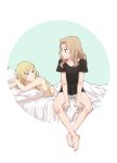  2girls absurdres alternate_hairstyle blue_eyes blue_panties blush breasts crossed_ankles darjeeling girls_und_panzer highres kay_(girls_und_panzer) long_hair lying multiple_girls neiigal nude on_stomach panties shirt sideboob t-shirt under_covers underwear yuri 