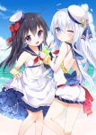  2girls bare_back black_hair blue_eyes bow chico152 collarbone eyebrows eyebrows_visible_through_hair hair_bow hat highres long_hair looking_at_viewer multiple_girls ocean one_eye_closed original outdoors red_bow silver_hair skirt_hold violet_eyes white_hat 