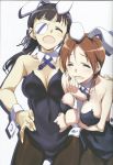  2girls absurdres animal_ears ass_visible_through_thighs between_breasts black_hair blush breasts bunny_girl bunnysuit cleavage closed_eyes eyepatch hair_ribbon hand_between_breasts hand_on_hip highres kurashima_tomoyasu laughing long_hair minna-dietlinde_wilcke multiple_girls open_mouth pantyhose ponytail rabbit_ears red_eyes ribbon sakamoto_mio scan short_hair simple_background strike_witches white_background world_witches_series wrist_cuffs 
