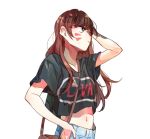  1girl bag bangs black_shirt brown_eyes brown_hair character_name clothes_writing collarbone crop_top d.va_(overwatch) denim denim_shorts eyebrows eyebrows_visible_through_hair facepaint facial_mark hand_on_head hand_on_hip hand_up long_hair navel overwatch shirt short_sleeves shorts shoulder_bag simple_background solo upper_body whisker_markings white_background 