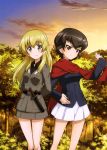  2girls absurdres arms_behind_back black_hair blonde_hair brown_eyes caesar_(girls_und_panzer) carpaccio eyebrows eyebrows_visible_through_hair forest girls_und_panzer green_eyes hand_on_hip highres long_hair looking_at_viewer military military_uniform multiple_girls nature official_art outdoors pleated_skirt red_scarf scarf short_hair skirt smile tree uniform white_skirt 