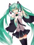  1girl black_legwear detached_sleeves dutch_angle green_eyes green_hair hatsune_miku highres long_hair microphone microphone_stand miniskirt necktie one_eye_closed pointing pointing_up sketch skirt solo thigh-highs twintails vocaloid white_background 