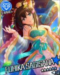  1girl alternate_hairstyle black_hair blue_eyes card_(medium) character_name chinese_clothes diamond_(symbol) dress earrings hair_ornament hair_stick hanfu idolmaster idolmaster_cinderella_girls jewelry leaf necklace official_art sagisawa_fumika solo sparkle strapless strapless_dress tree 