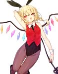  1girl alternate_costume animal_ears arm_up bare_arms blonde_hair brown_legwear bunnysuit commentary_request covered_navel crystal detached_collar fake_animal_ears fang flandre_scarlet highleg honotai laevatein looking_at_viewer necktie open_mouth pantyhose rabbit_ears red_eyes short_hair side_ponytail simple_background sleeveless solo touhou vest white_background wings wrist_cuffs 