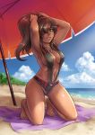  1girl armpits arms_up barefoot beach beach_umbrella breasts brown_hair cleavage collarbone eyepatch feet green_eyes grin jewelry kneeling lips long_hair maxa&#039; multicolored_hair navel necklace ocean original ponytail redhead sling_bikini smile solo streaked_hair swimsuit toes umbrella 