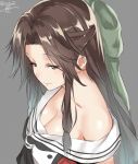  1girl artist_name bare_shoulders blush bow breasts brown_eyes brown_hair cleavage closed_mouth collarbone green_bow grey_background hair_bow half-closed_eyes half_updo isshiki_(ffmania7) jintsuu_(kantai_collection) kantai_collection long_hair looking_to_the_side medium_breasts neckerchief off_shoulder sailor_collar shiny shiny_skin simple_background smile solo 