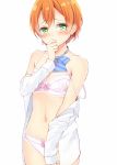  1girl blush bow bow_bra bow_panties bowtie bra breasts green_eyes hand_to_own_mouth hoshizora_rin long_sleeves love_live! love_live!_school_idol_project midriff natsu_(natume0504) navel open_clothes open_shirt orange_hair panties school_uniform shirt short_hair simple_background small_breasts solo strap_slip underwear undressing white_background white_shirt 