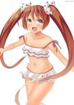  1girl bikini brown_eyes brown_hair collarbone fang frilled_bikini frilled_skirt frills kankitsunabe_(citrus) kantai_collection libeccio_(kantai_collection) long_hair open_mouth outstretched_arms skirt smile swimsuit twintails 