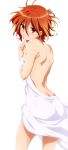  1girl absurdres amagi_brilliant_park ass bed_sheet breasts finger_to_mouth fujita_haruka highres index_finger_raised looking_at_viewer medium_breasts naked_sheet orange_hair red_eyes salama_(amaburi) short_hair sideboob simple_background solo white_background 