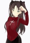  1girl :d arm_up black_bow black_skirt blush bow breasts brown_hair fate/stay_night fate_(series) green_eyes hair_bow long_hair long_sleeves lp_(hamasa00) medium_breasts open_mouth red_sweater skirt smile solo toosaka_rin twintails upper_body 