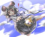  ! 1girl animal_ears bare_legs bishamonten&#039;s_pagoda black_dress blue_sky capelet clouds dress grey_hair mouse_ears nazrin open_mouth ototobe pendulum red_eyes rod short_hair sketch sky solo sparkle touhou 