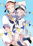  2boys 50yen blue_legwear earrings eyes_visible_through_hair grin hair_over_one_eye hat ima-no-tsurugi iwatooshi jewelry kneehighs kneeling male_focus multiple_boys open_mouth orange_eyes orange_hair polka_dot polka_dot_background red_eyes sailor sailor_hat sharp_teeth shorts sitting size_difference smile string_of_flags teeth touken_ranbu water_gun white_hair 