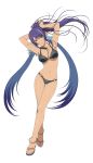  1girl absurdres anklet arms_up bikini breasts floating_hair full_body high_ponytail highres jewelry judith long_hair nail_polish navel o-ring_bikini o-ring_top official_art purple_hair sandals smile solo swimsuit tales_of_(series) tales_of_link tales_of_vesperia transparent_background 